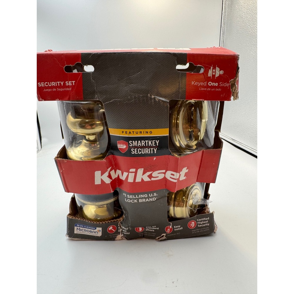 Kwikset Security Set SmartKey Deadbolt and Entry Knob Polished Brass 991J 3 SHT